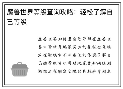 魔兽世界等级查询攻略：轻松了解自己等级